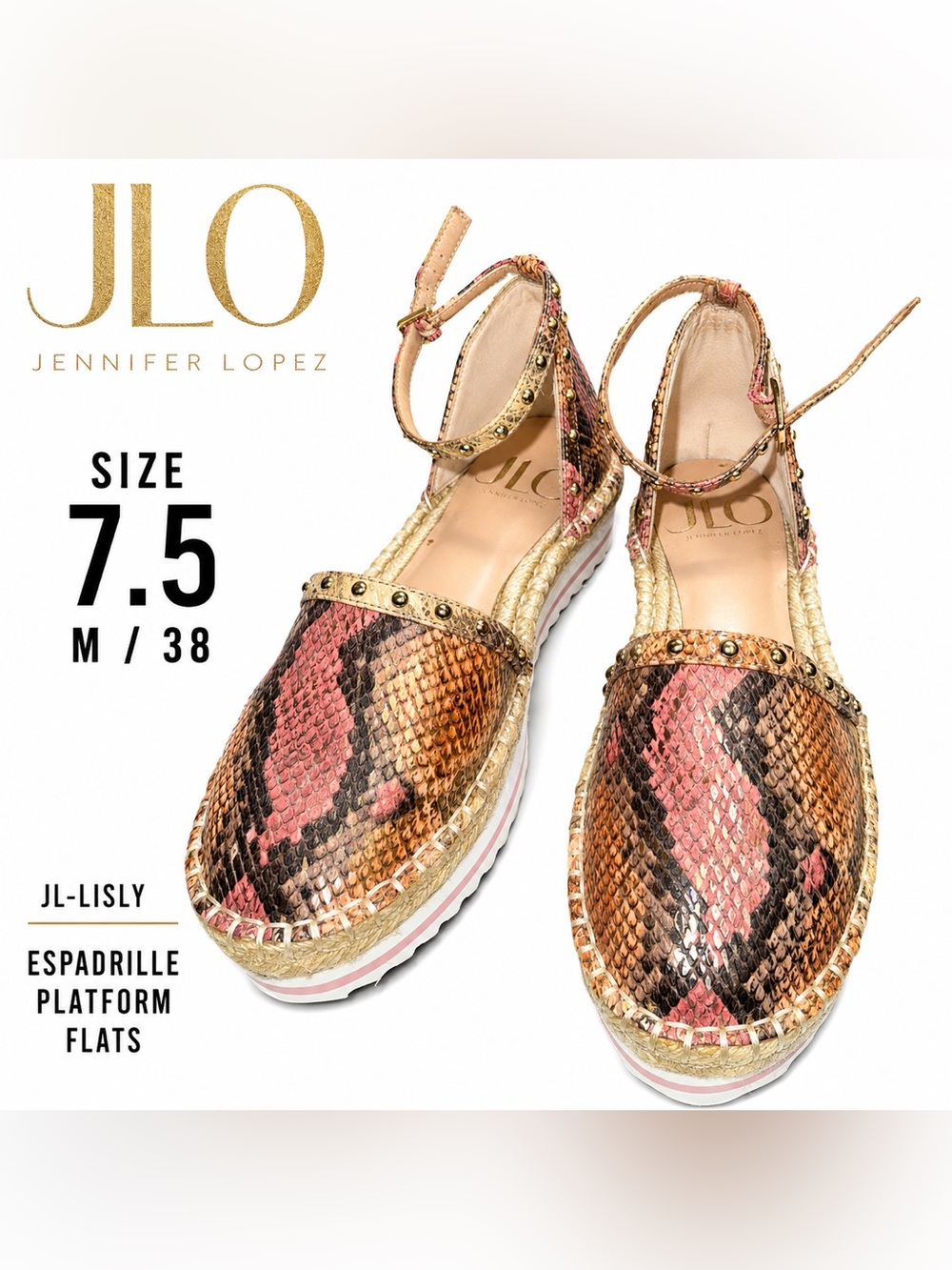 JLO Jennifer Lopez Snakeskin Espadrille Platform Flats Size 7.5